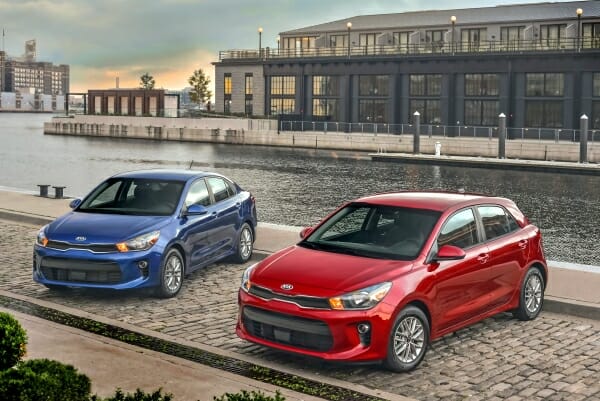 red and blue 2019 Kia Rios