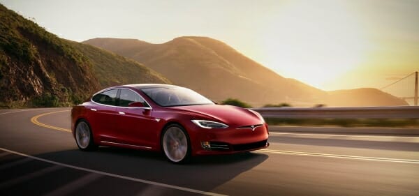 red Tesla Model S right side view